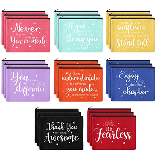 Kajaia 24 Pieces Inspirational Canvas Cosmetic Bags Makeup Bags with Zippers Appreciation Motivational Toiletry Purse Pouches Positive Travel Makeup Pouches for Girl Women Friends Coworker, 8 Designs - Image 1