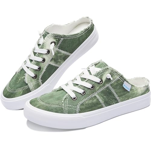 Obtaom Women Canvas Mules Memory Foam Clipper Fashion Sneakers Comfortable Slip-On Mule Backless Shoe（Green US9） - Image 1