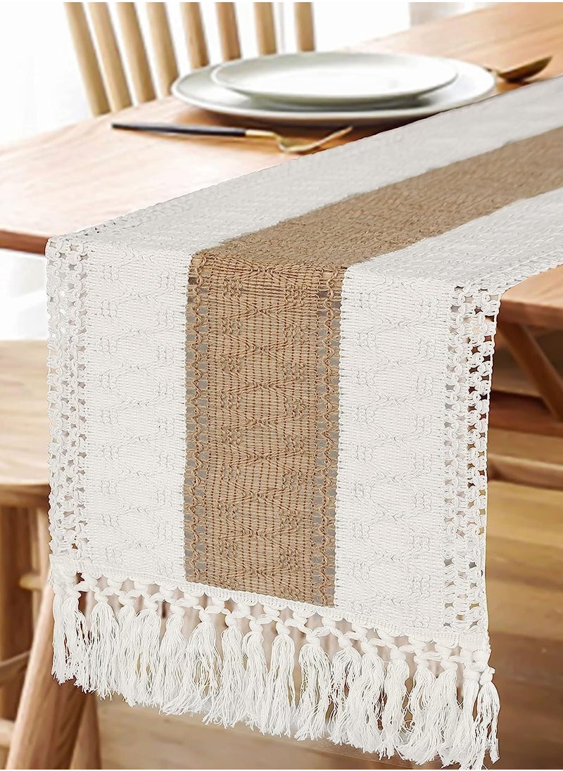 Generic Boho Table Runner for Home Decor with Tassels Farmhouse Rustic Table Runner Macrame Burlap Table Decoration for Living Room Bridal Shower(12x72 Inches)  - Image 1
