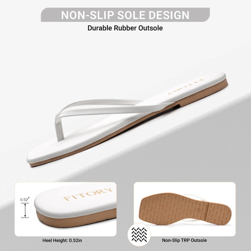 FITORY Womens Flip Flops, Square Open Toe Leather Thong Sandals, Comfortable and Dressy Flat Slides on Summer 2026 for Casual Walking White Size 8 - Image 5