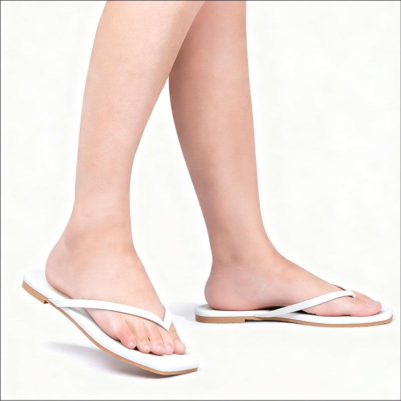 FITORY Womens Flip Flops, Square Open Toe Leather Thong Sandals, Comfortable and Dressy Flat Slides on Summer 2026 for Casual Walking White Size 8 - Image 2