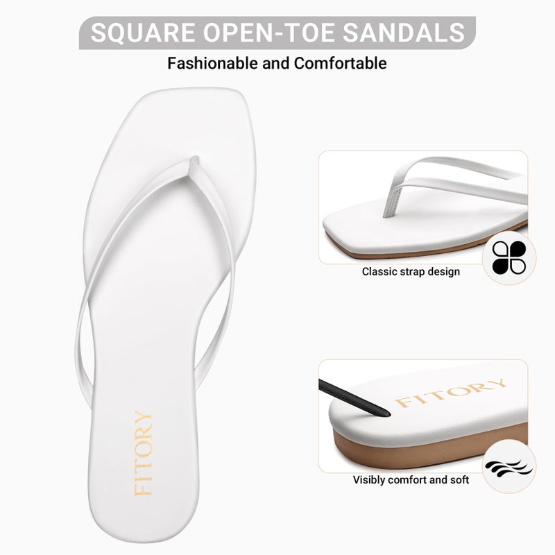 FITORY Womens Flip Flops, Square Open Toe Leather Thong Sandals, Comfortable and Dressy Flat Slides on Summer 2026 for Casual Walking White Size 8 - Image 4