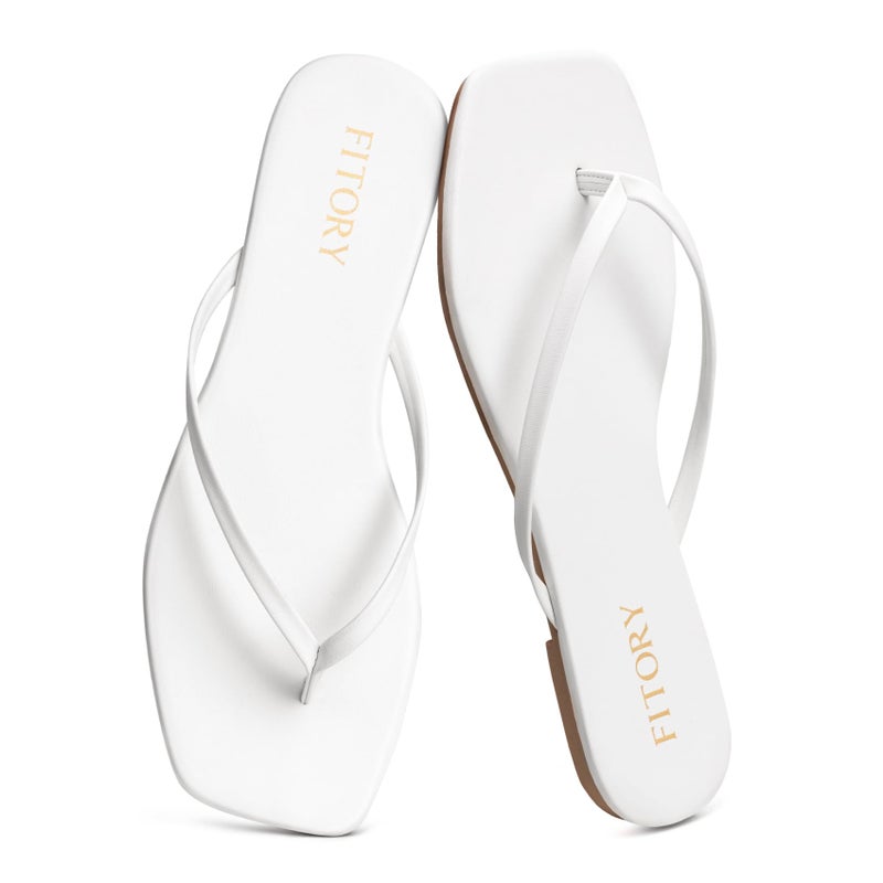 FITORY Womens Flip Flops, Square Open Toe Leather Thong Sandals, Comfortable and Dressy Flat Slides on Summer 2026 for Casual Walking White Size 8 - Image 1