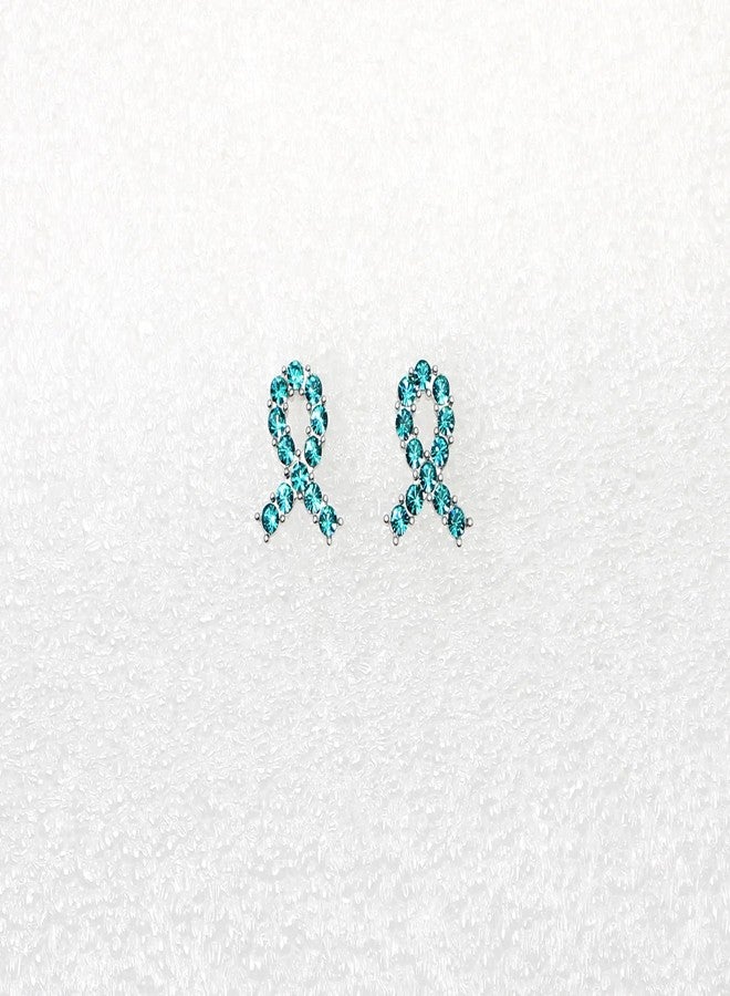 Faship Teal Rhinestone Crystal Ovarian Cancer Awareness Ribbon Earrings - Teal - Image 2