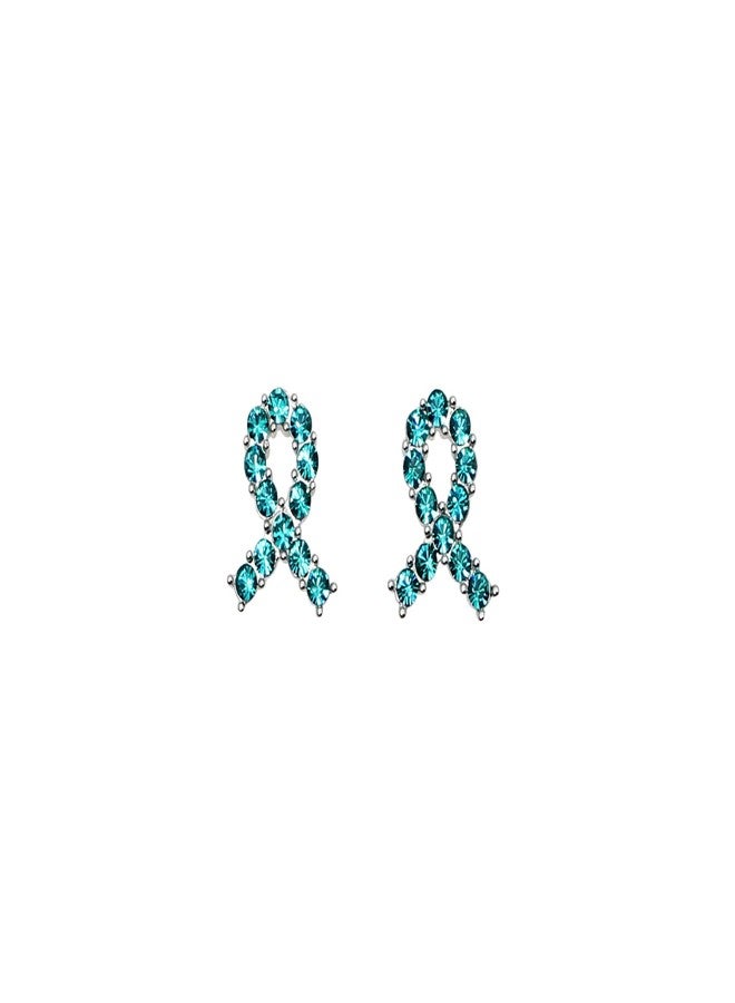 Faship Teal Rhinestone Crystal Ovarian Cancer Awareness Ribbon Earrings - Teal - Image 1