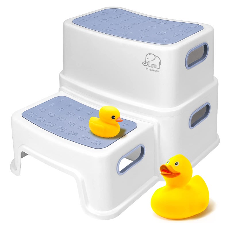 Forbena Kids Step Stool for Bathroom 2 Step Stool for Toddlers Toilet Potty Training Sturdy Children Plastic Step Stool for Bed Bathroom Counter Sink WhiteBlue