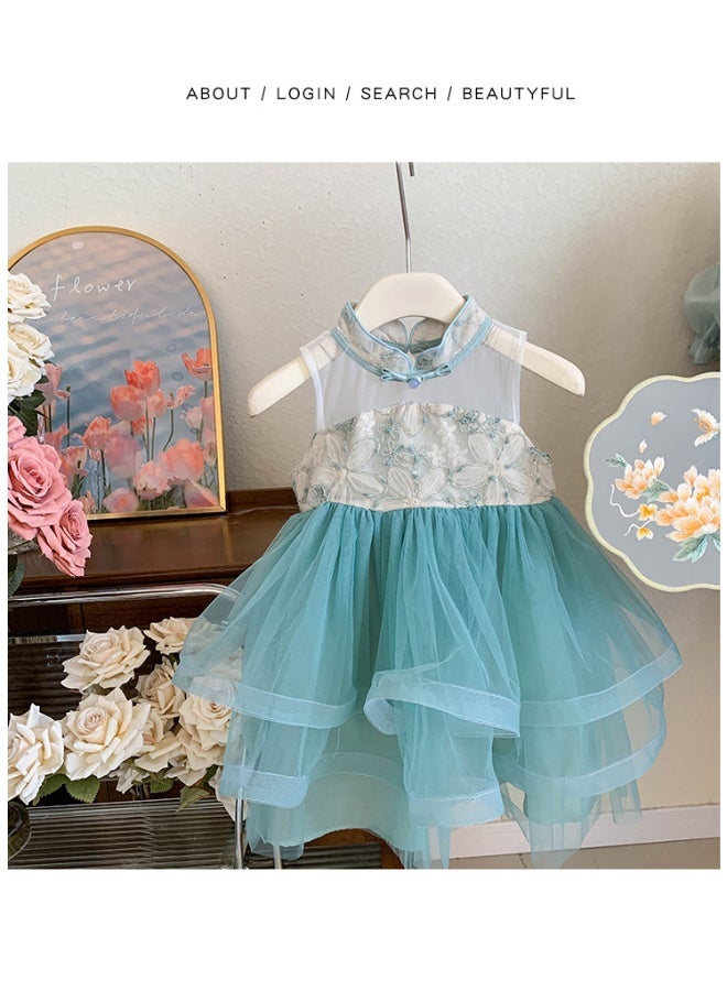 Girls' Summer Dress  Fashionable Sleeveless Dress Chinese Style Princess Dress with Puff Sleeves - Image 4