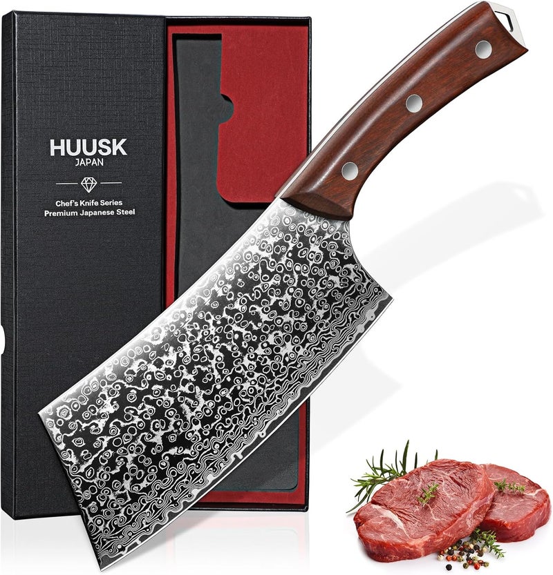 Huusk Meat Cleaver Knife Japanese Kitchen Knife 6.4 Inch, Hand Forged Butcher Knife for Meat Cutting, Vegetable Chopping Knife High Carbon Steel Damascus Pattern Chef Knife Cooking Gift Christmas - Image 1