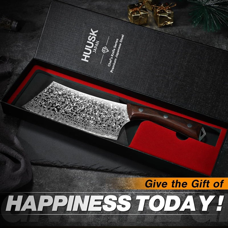 Huusk Meat Cleaver Knife Japanese Kitchen Knife 6.4 Inch, Hand Forged Butcher Knife for Meat Cutting, Vegetable Chopping Knife High Carbon Steel Damascus Pattern Chef Knife Cooking Gift Christmas - Image 2