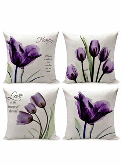 Y&D Cushion Covers Throw Pillow Set of 4, Purple Flower Pattern for Home Sofa Art Living Room Outside Office Decorative with Durable Thick Linen Square 18 x18 inch 45x45cm  - Image 1