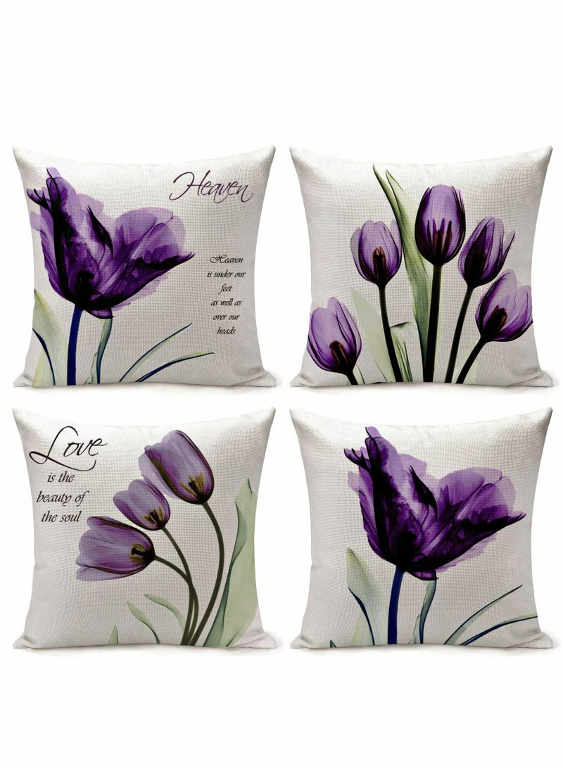 Y&D Cushion Covers Throw Pillow Set of 4, Purple Flower Pattern for Home Sofa Art Living Room Outside Office Decorative with Durable Thick Linen Square 18 x18 inch 45x45cm  - Image 1