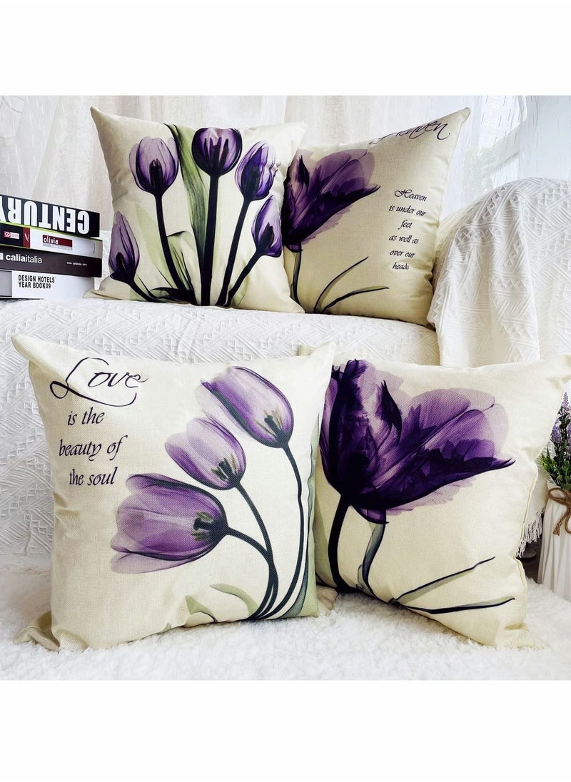 Y&D Cushion Covers Throw Pillow Set of 4, Purple Flower Pattern for Home Sofa Art Living Room Outside Office Decorative with Durable Thick Linen Square 18 x18 inch 45x45cm  - Image 5