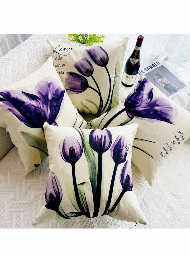 Y&D Cushion Covers Throw Pillow Set of 4, Purple Flower Pattern for Home Sofa Art Living Room Outside Office Decorative with Durable Thick Linen Square 18 x18 inch 45x45cm  - Image 3