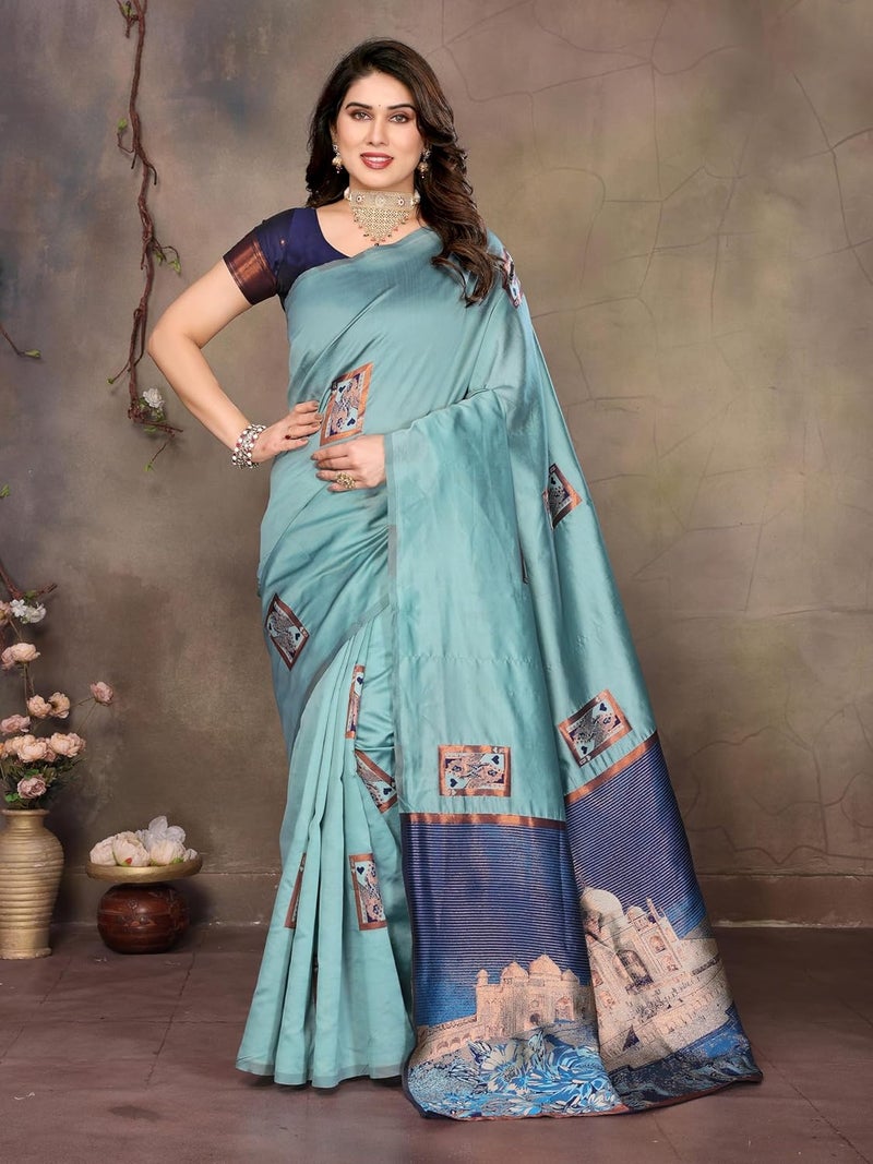 Sidhidata Women's Jacquard Kanjeevaram Banarasi Silk Saree with Zari Woven Design and Unstitched Blouse Piece in Seagreen - Image 2