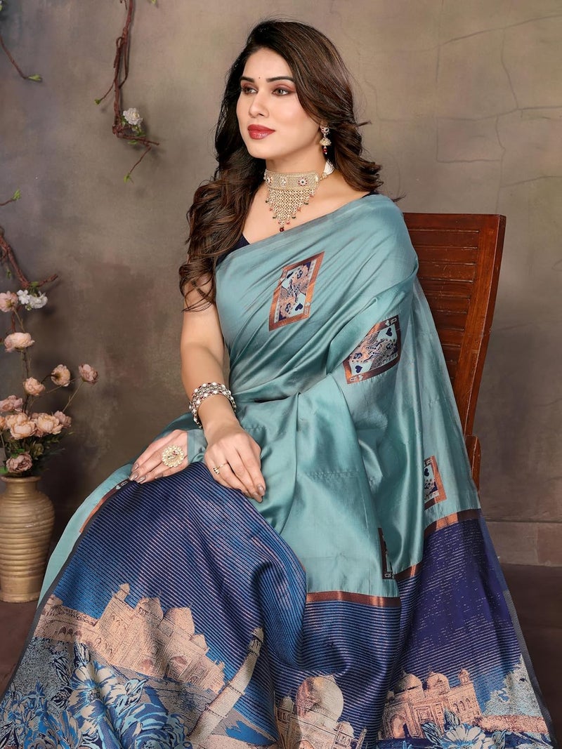Sidhidata Women's Jacquard Kanjeevaram Banarasi Silk Saree with Zari Woven Design and Unstitched Blouse Piece in Seagreen - Image 3