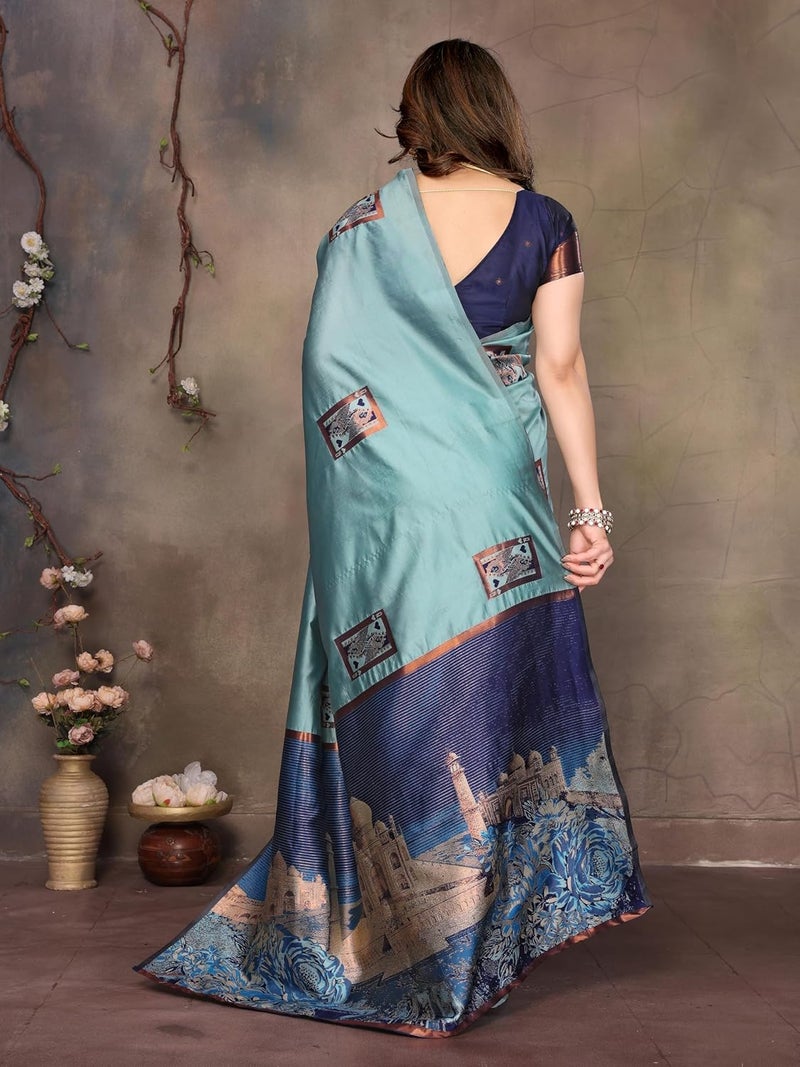 Sidhidata Women's Jacquard Kanjeevaram Banarasi Silk Saree with Zari Woven Design and Unstitched Blouse Piece in Seagreen - Image 4