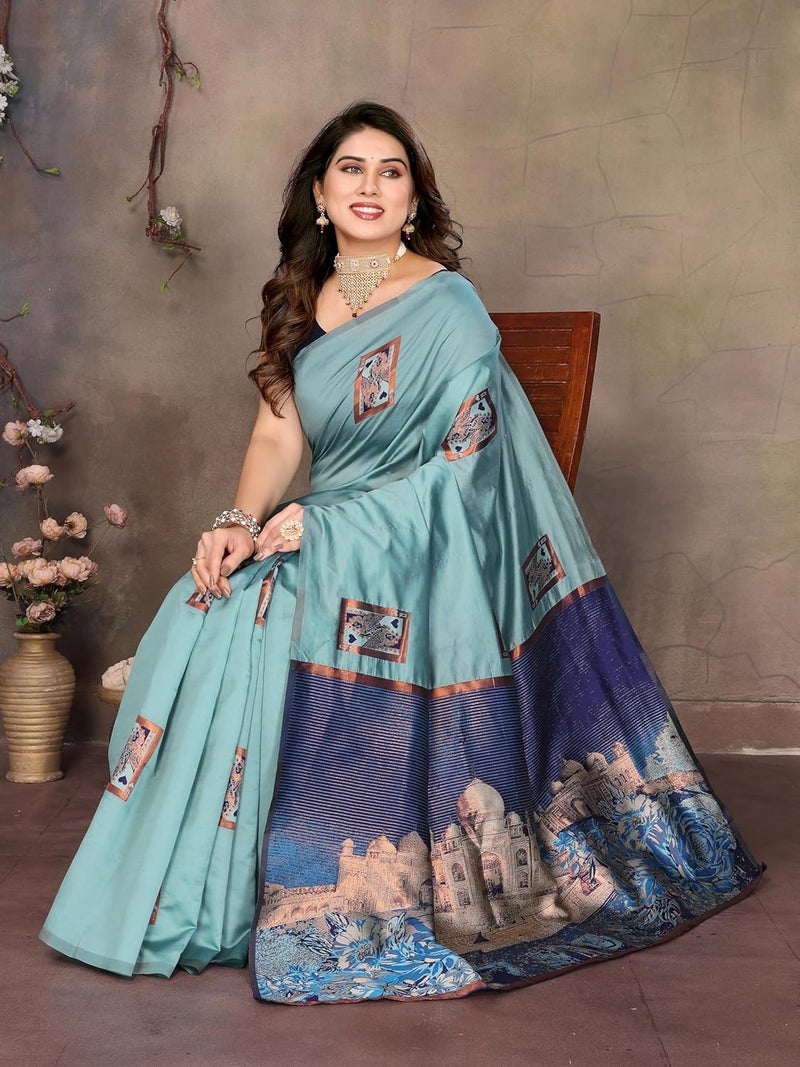 Sidhidata Women's Jacquard Kanjeevaram Banarasi Silk Saree with Zari Woven Design and Unstitched Blouse Piece in Seagreen - Image 5