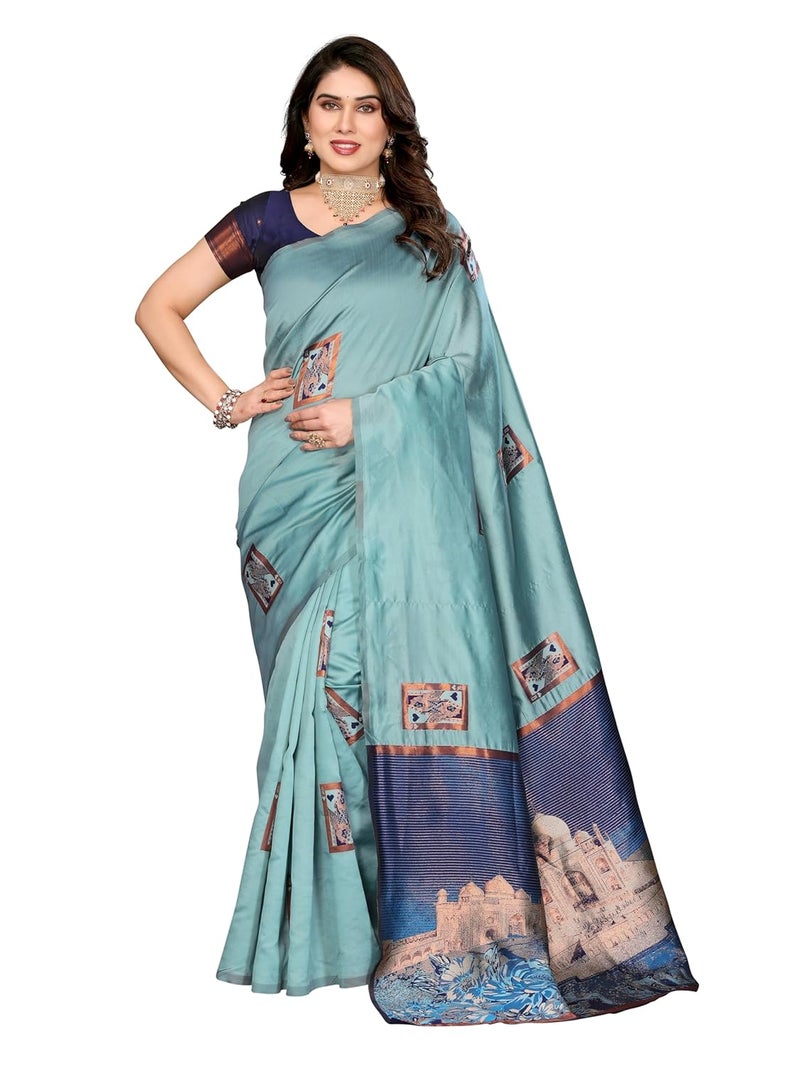 Sidhidata Women's Jacquard Kanjeevaram Banarasi Silk Saree with Zari Woven Design and Unstitched Blouse Piece in Seagreen - Image 1