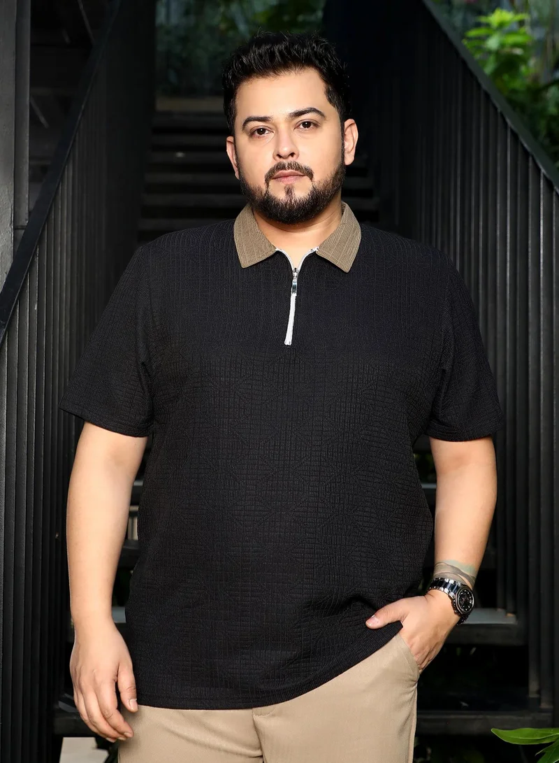 Instafab Plus Men Oblique-Block Polo T-Shirt | Jacquard Polo Neck, Short Regular Sleeves | Half-Zip Closure, Straight Hem | Colourblock Jacquard Knit Fabric For Plus Size Casual & Daily Wear | Black