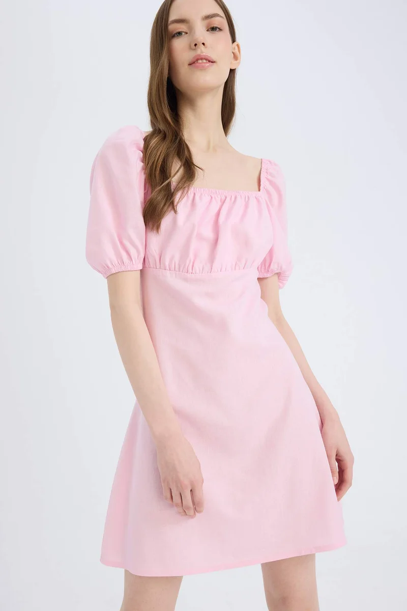 ديفاكتو Square Collar Linen Blended Mini Dress