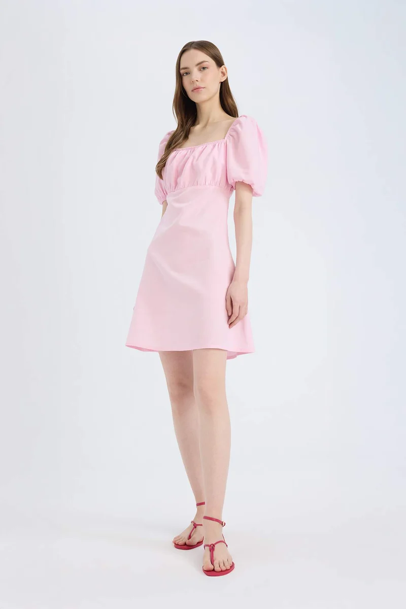 ديفاكتو Square Collar Linen Blended Mini Dress
