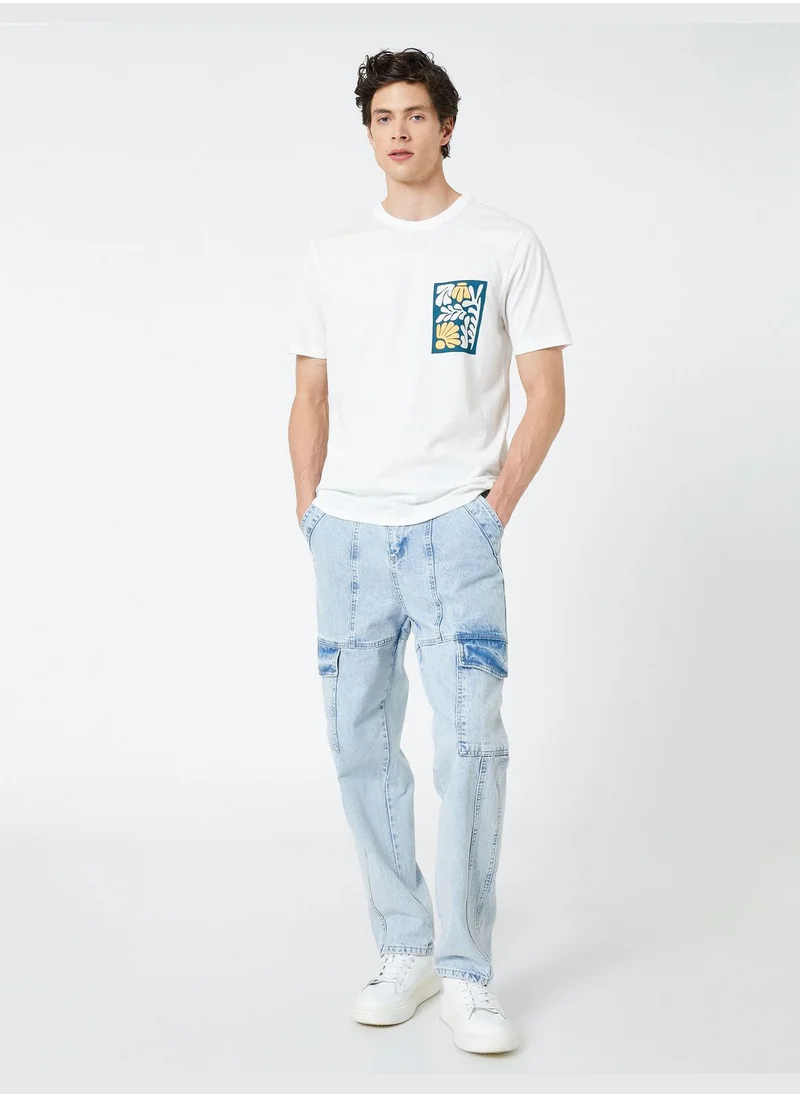 كوتون Leaf Printed T-Shirt Crew Neck Short Sleeve Cotton