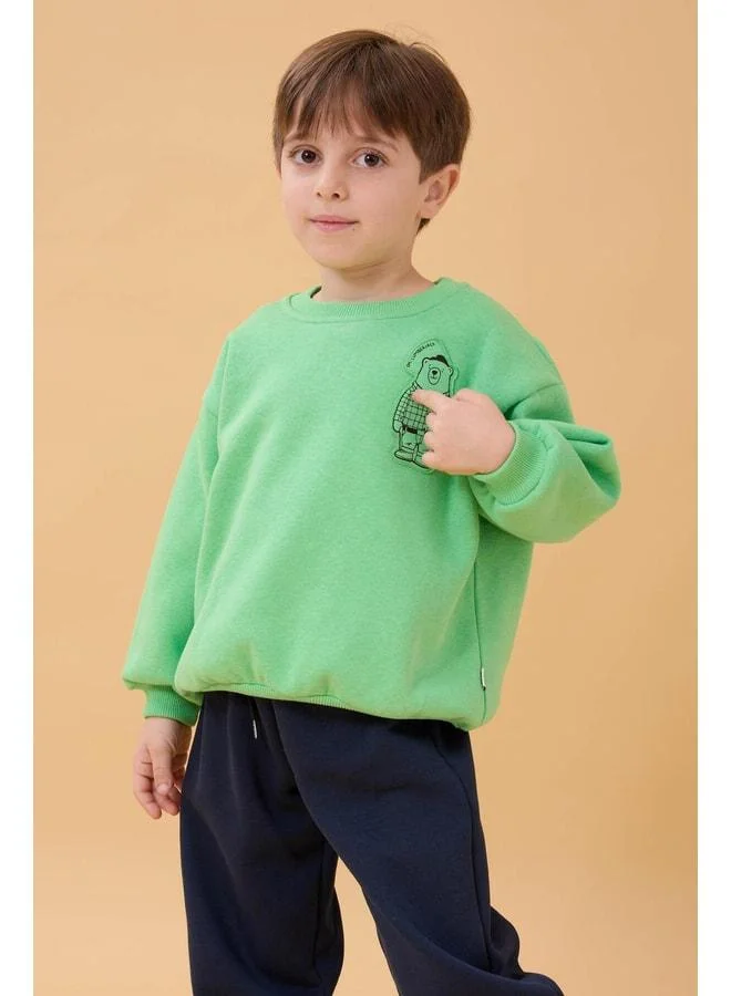 Perendi Boy's Crew Neck Sweatshirt with Bear Print in Pistachio Green.