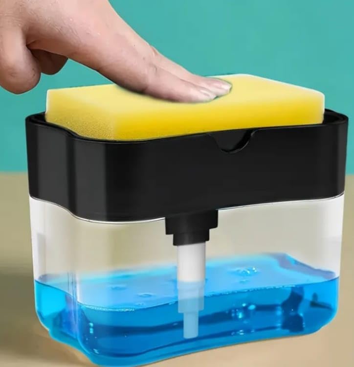 2 in 1 Liquid Soap Dispenser with Sponge, Soap Holder with Storage Compartment, Space Saving, Black