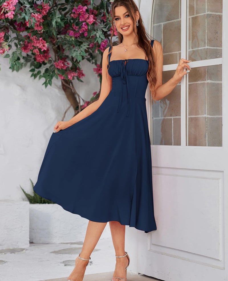 GLNEGE Wedding Guest Dresses for Women Midi Corset Lace Up A Line Dress Solid Flowy Slit Going Out Sundress for Tea Party - Image 2