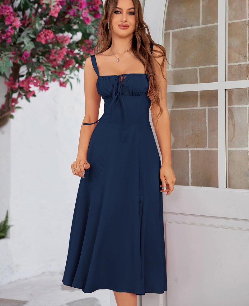 GLNEGE Wedding Guest Dresses for Women Midi Corset Lace Up A Line Dress Solid Flowy Slit Going Out Sundress for Tea Party - Image 4