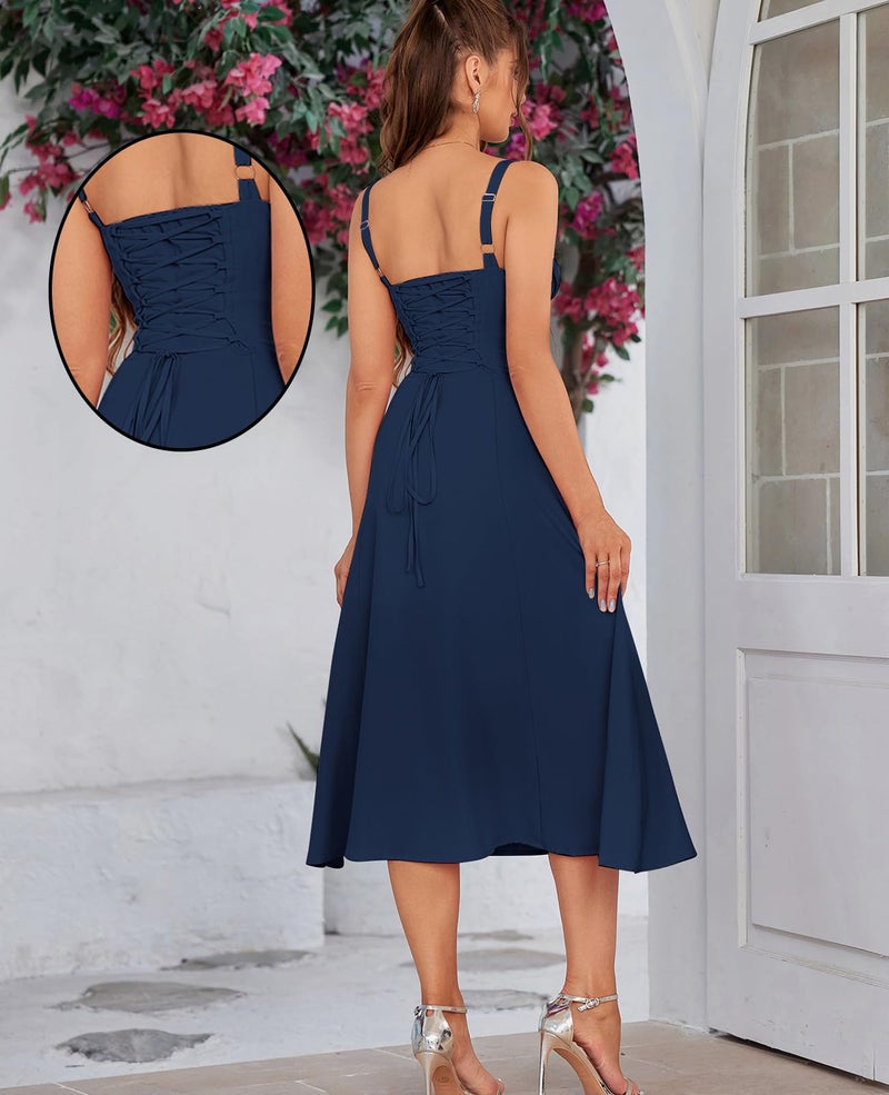 GLNEGE Wedding Guest Dresses for Women Midi Corset Lace Up A Line Dress Solid Flowy Slit Going Out Sundress for Tea Party - Image 3