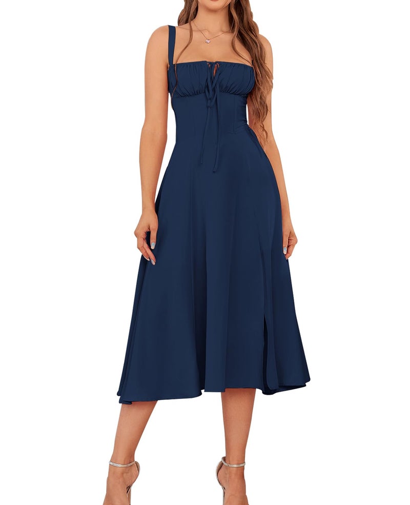 GLNEGE Wedding Guest Dresses for Women Midi Corset Lace Up A Line Dress Solid Flowy Slit Going Out Sundress for Tea Party - Image 5