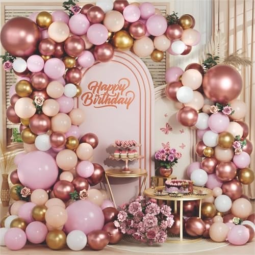 YOURS DECOR Happy Birthday Balloons Decoration Kit - 61 Pcs Pink, Peach & Rose Gold Balloon Garland Set Birthday Decoration | Birthday Party Decoration Set for Celebrations for Kids & Girls - Image 1