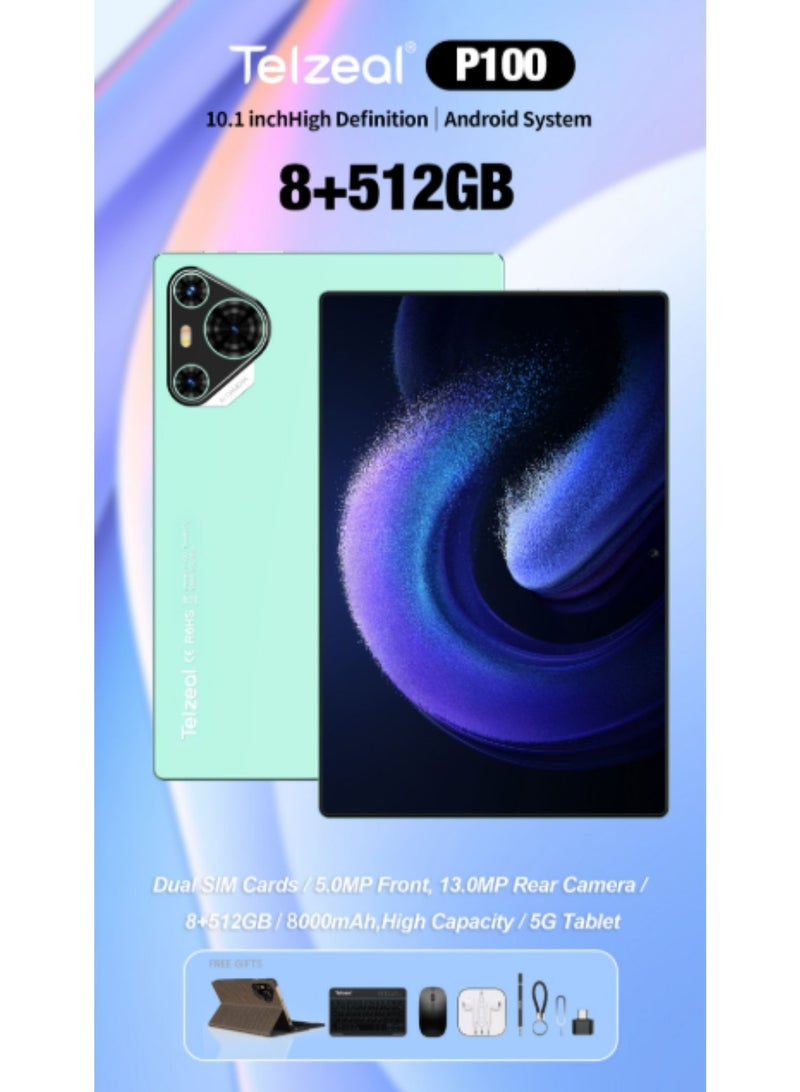 تلزيل جهاز لوحي P100 بشاشة 10.1 بوصة، يعمل بنظام أندرويد 13، مزود بشبكة واي فاي 5G، وشريحتي اتصال، وذاكرة وصول عشوائي (RAM) سعة 8 جيجابايت، وذاكرة قراءة فقط (ROM) سعة 512 جيجابايت، وبطارية عالية السعة 8000 مللي أمبير/ساعة، ولوحة مفاتيح وماوس لاسلكيين، باللون الأخضر - Image 3