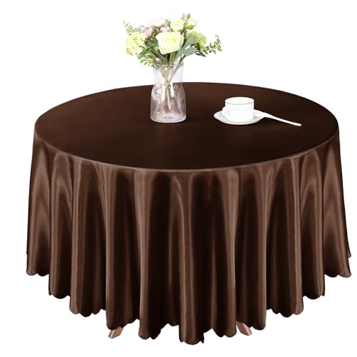 Homiest 1 Pack 84 Inch 7ft Round Tablecloth Satin Table Cover Dark Brown Table Cloth Overlay Bright Table Decorations Silky Satin Dining Table Cloths for Wedding Reception Graduation Banquet - Image 1