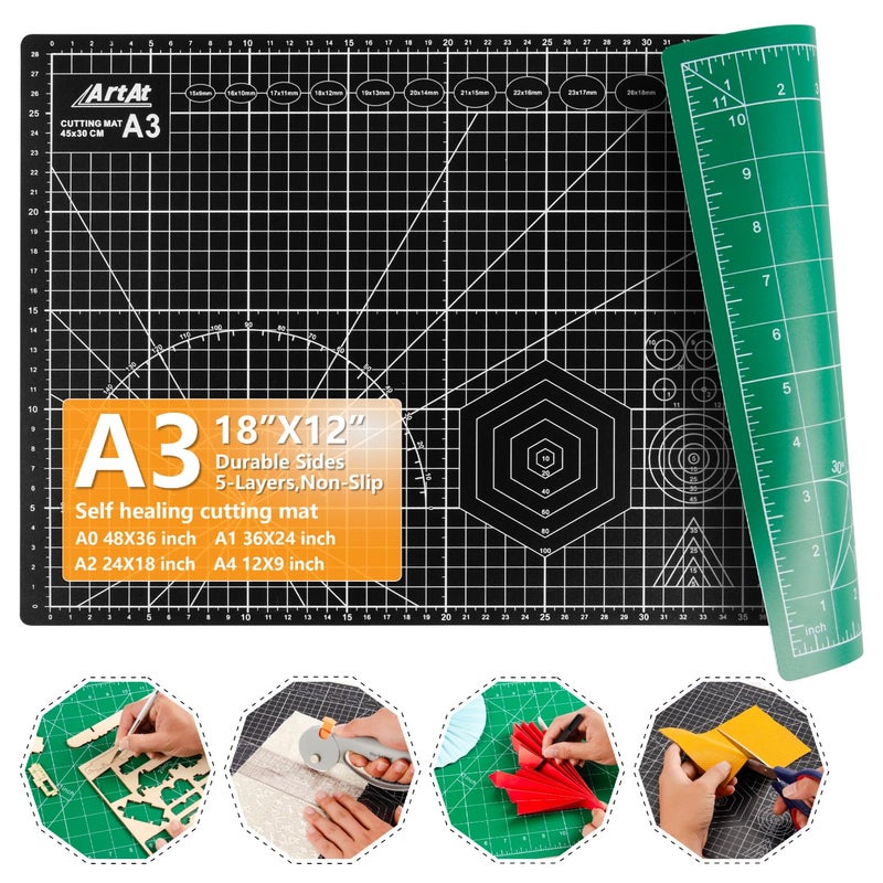 ArtAt Self Healing Cutting Mat: 12inch x 18inch Double Sided 5-Ply Fabric Cutting Mat for Sewing, Quilting & Arts & Crafts - Gridded Rotary Cutting Board Mat in Green/Black. - Image 1