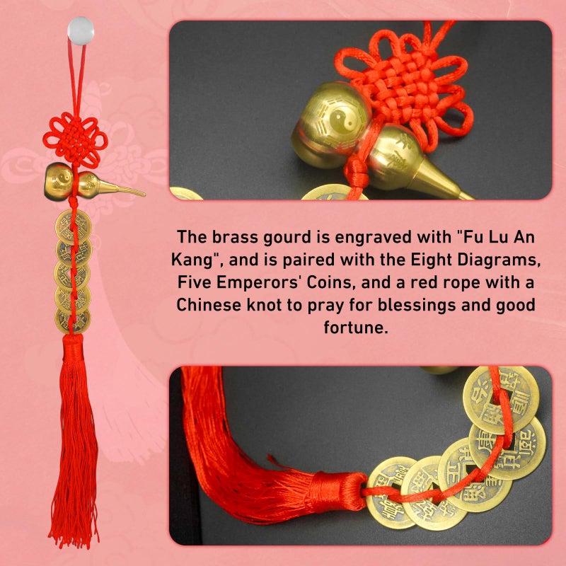 CNYTPE Five Emperors Coins Feng Shui Gourd - Gourd Feng Shui Health and Success Amulet, Chinese Good Luck and Lucky Charm for Car, Home, Office, Furniture, Bags (Bagua Copper Gourd) - Image 4