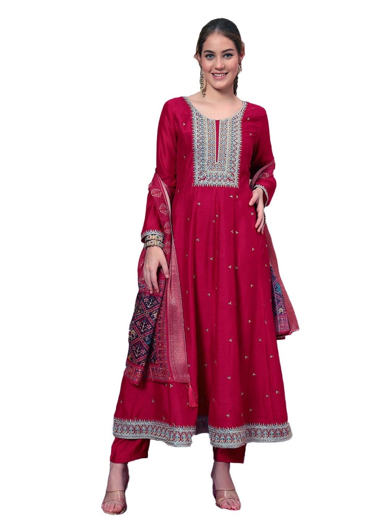 SHOPPING QUEEN Women's Silk Embroidered Kurta, Pyjama & Dupatta Set (A603_Ruby Pink_XL) - Image 1