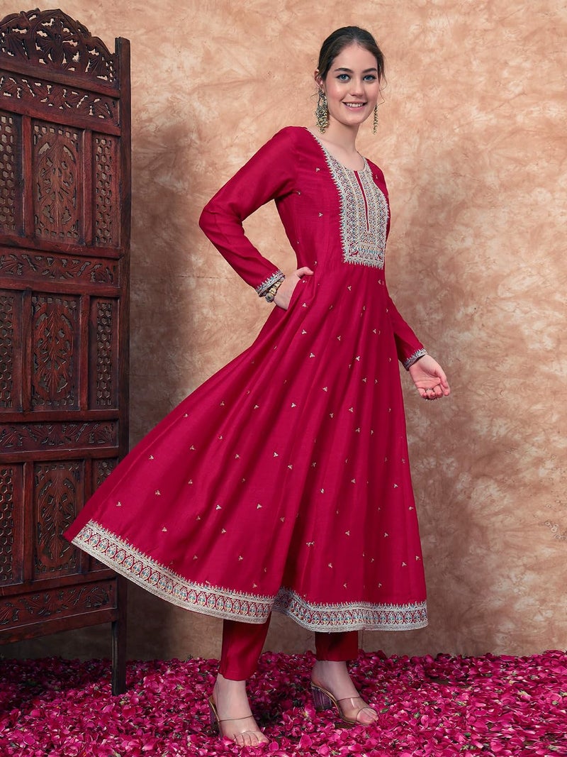 SHOPPING QUEEN Women's Silk Embroidered Kurta, Pyjama & Dupatta Set (A603_Ruby Pink_XL) - Image 3