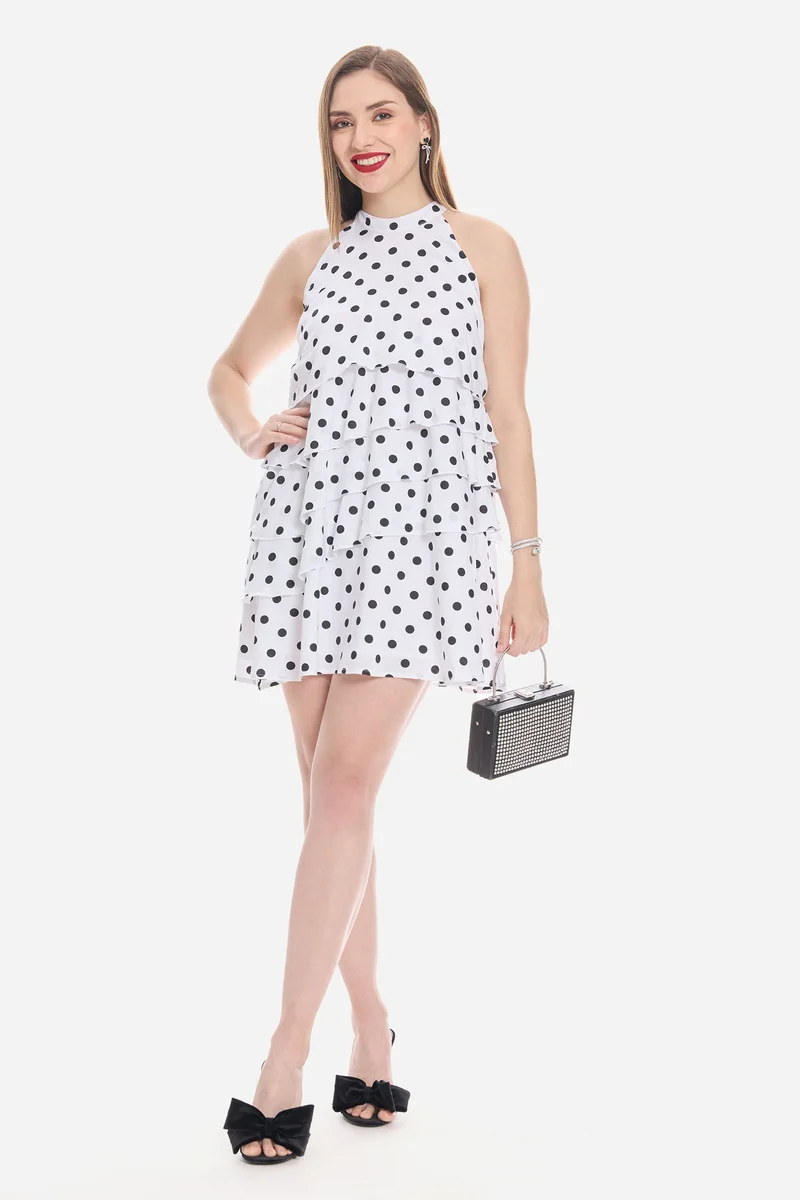 Virgio Polka Dots Viscose A Line Tiered Dress for Women