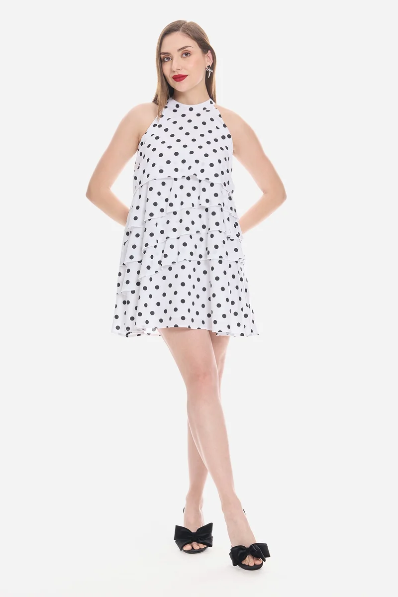 Virgio Polka Dots Viscose A Line Tiered Dress for Women