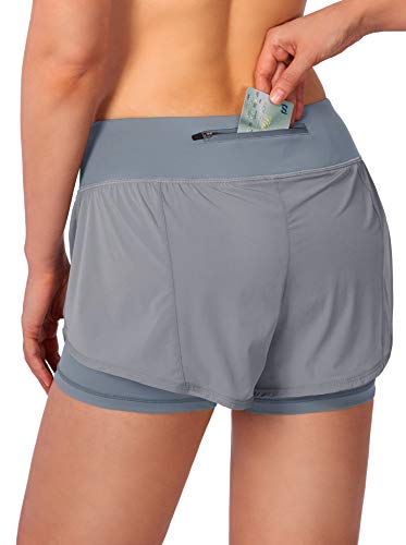 Soothfeel Women's 2 in 1 Running Shorts Workout Athletic Gym Yoga Shorts for Soothfeel Women with Phone Pockets Light Grey - Image 2