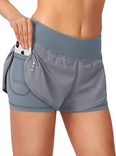Soothfeel Women's 2 in 1 Running Shorts Workout Athletic Gym Yoga Shorts for Soothfeel Women with Phone Pockets Light Grey - Image 1