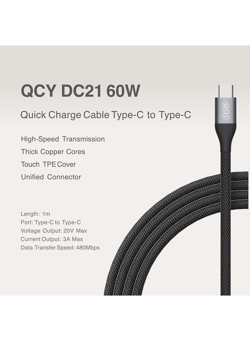 QCY Type-C to Type-C 60W Charging Cable 1m - Black - DC21-B – Fast Charging Cable with High-Speed Data Transfer, Precision Braided Design & Sturdy Metal Plug black - Image 3