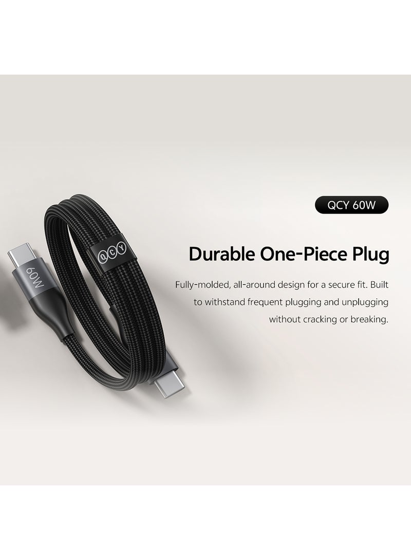 QCY Type-C to Type-C 60W Charging Cable 1m - Black - DC21-B – Fast Charging Cable with High-Speed Data Transfer, Precision Braided Design & Sturdy Metal Plug black - Image 2