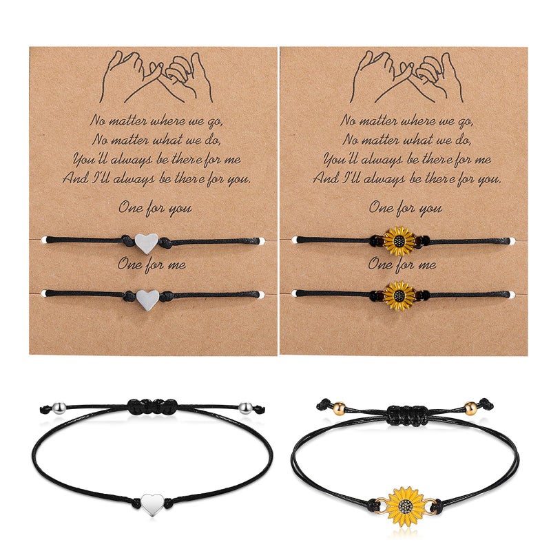 nalaina Bracelet 4Pcs Sunflower/Heart Couple Friendship Handmade Bracelets, Distance Matching Bracelets for Couple Family Women Mens Mother Daughter Best Friend Gift - Image 2