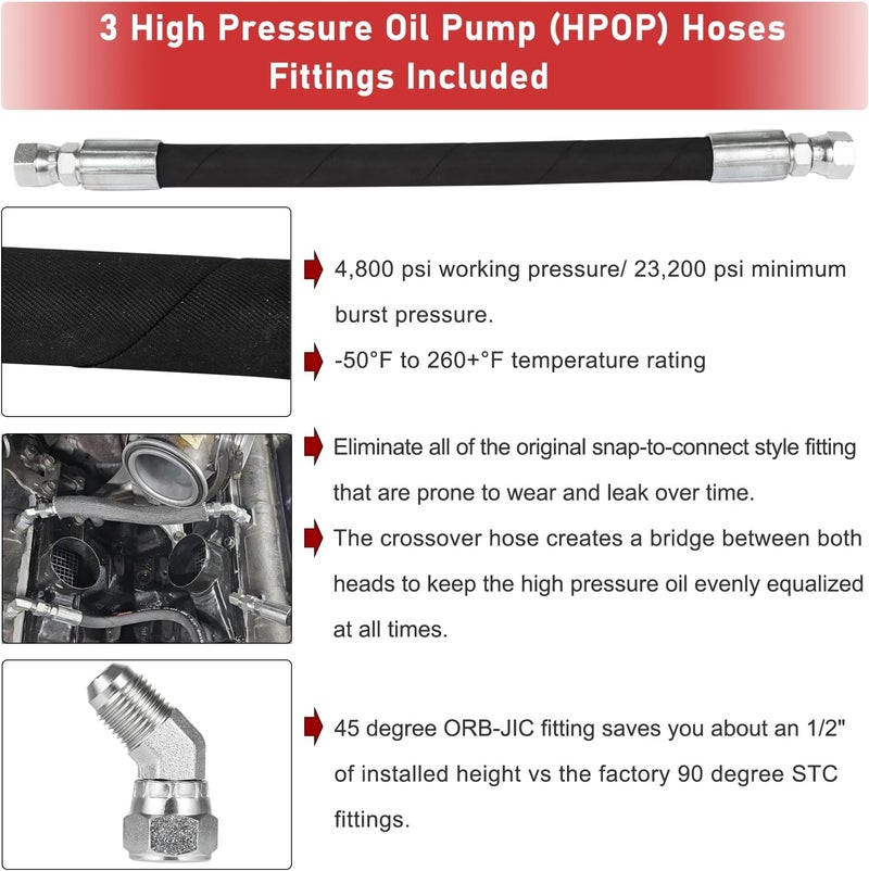 Camoo High Pressure Oil Pump Lines HPOP Hoses Kit & Crossover Fittings Kit For 1999-2003 Ford 7.3L Powerstroke Diesel Engines E350 E450 E550 Excursion F250 F350 F450 F550 F650 F750 - Image 4