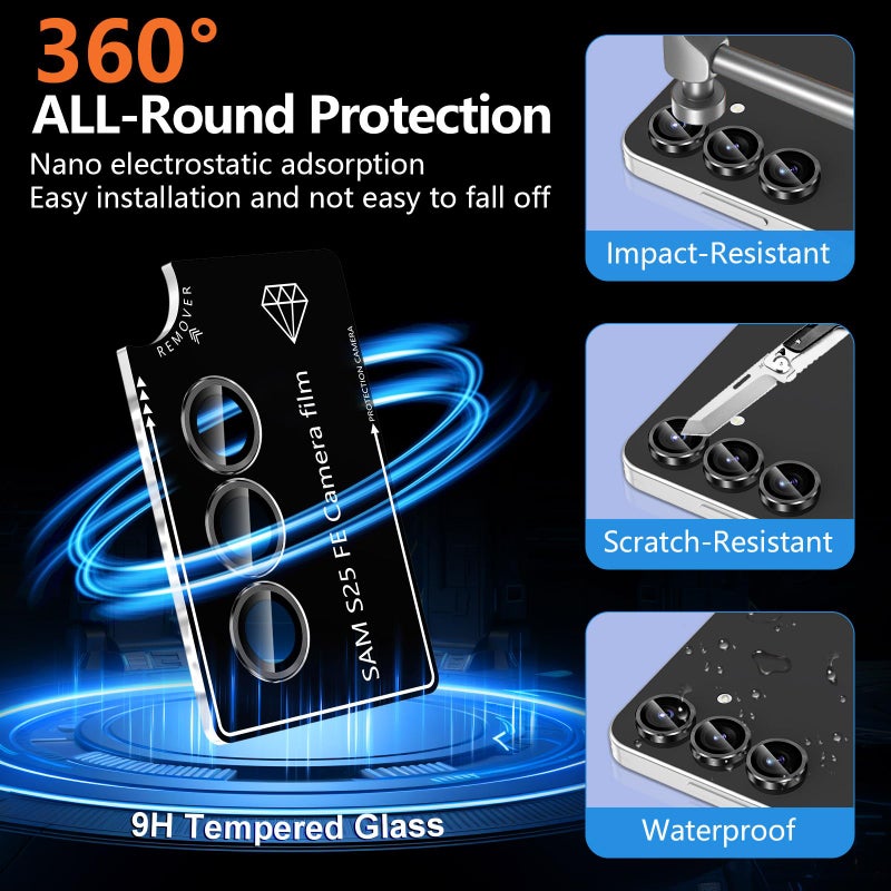 Avocase for Samsung Galaxy S25 FE Camera Lens Protector, Individual Metal Ring Tempered Glass Lens Cover, [Strong Adsorption] Scratch Resistant Ultra-Thin HD Clear Lens Cover, 1 Set-Black - Image 2