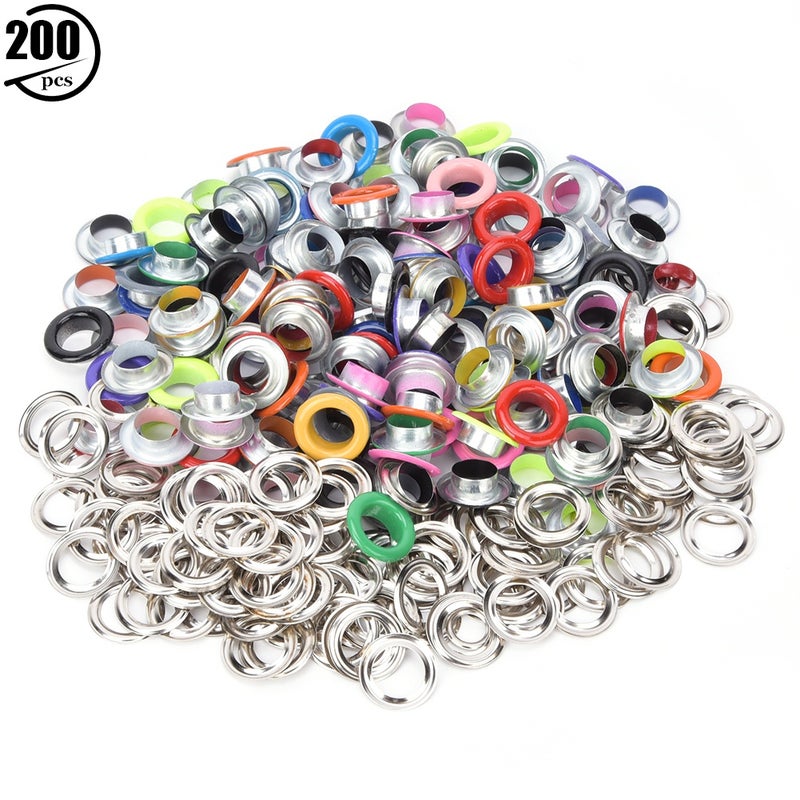 200 قطعة ثقوب عين معدنية ملونة (غرومت) لتزيين الحقائب والأنواع والأقمار، بحجم 8 مم/10 مم مع 200 قطعة واشر بحجم 10 مم - Image 1