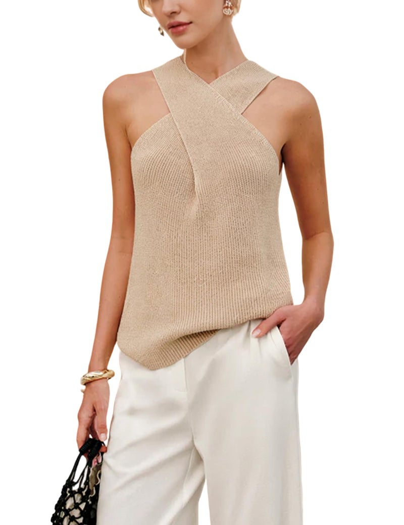 Yeokou Women Halter Cross Over Collar Tank Knit Sleeveless Top Solid Color Casual Summer Blouse(Khaki-S) - Image 1